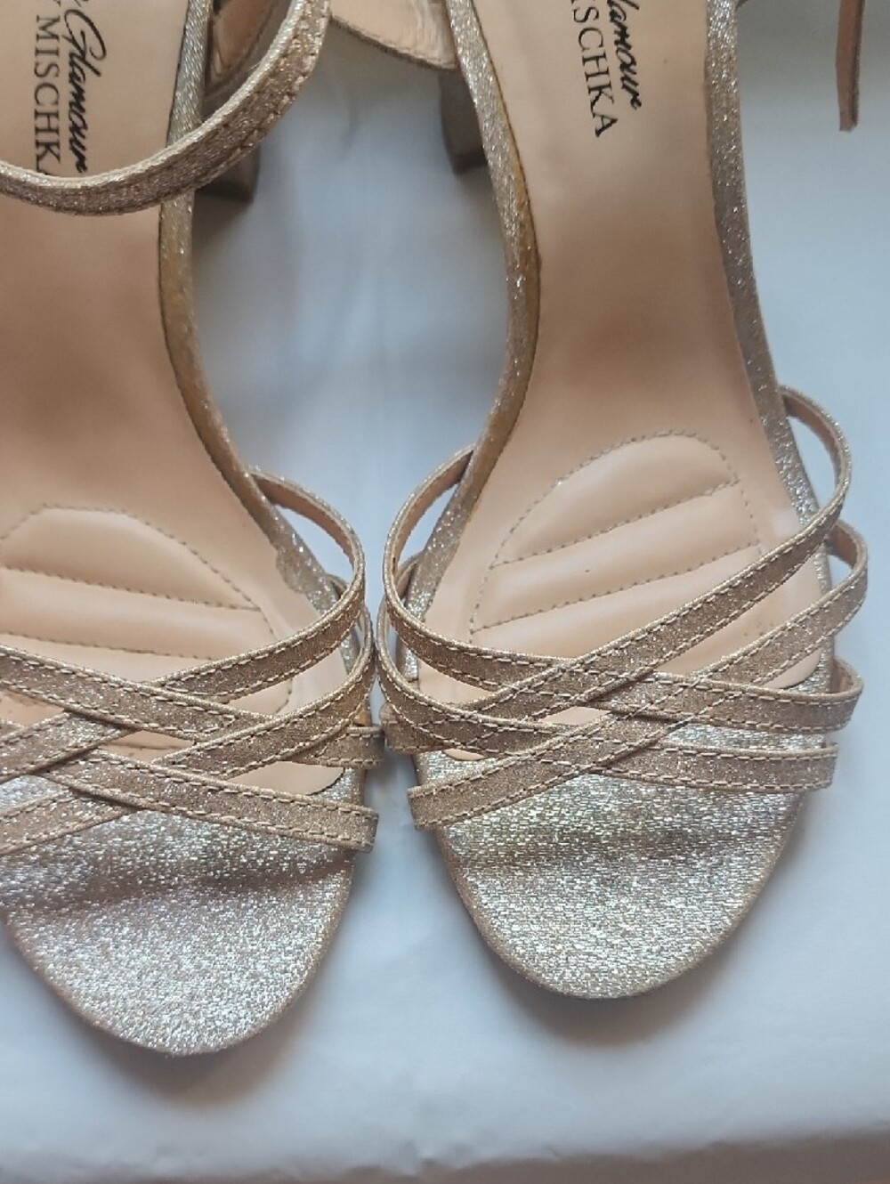 Badgley Mischka Champagne Metallic Strappy Block Heel Sandals - Picture 3 of 5